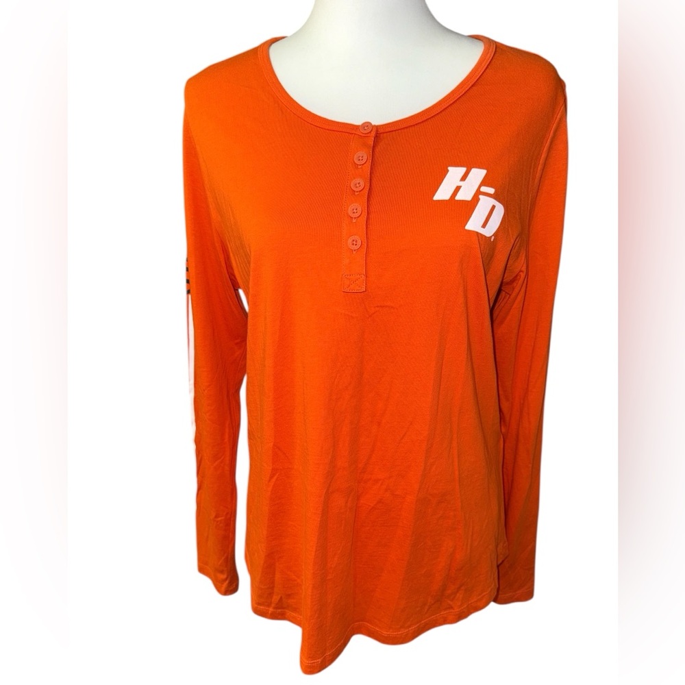 Harley Davidson Orange Long Sleeve Motorcycle Henley Shirt Size Large